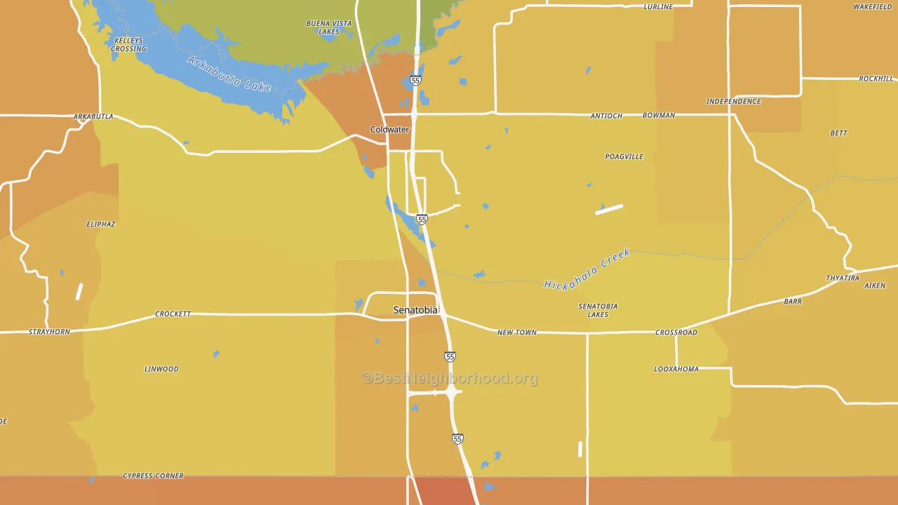 Map of the best neighborhoods in the Tate County area, with better matches in green and worse matches in red