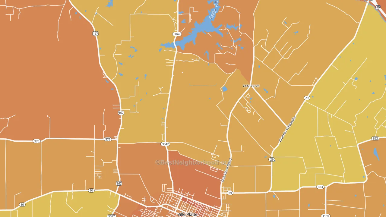 Map of the best neighborhoods in the Tate Cove area, with better matches in green and worse matches in red