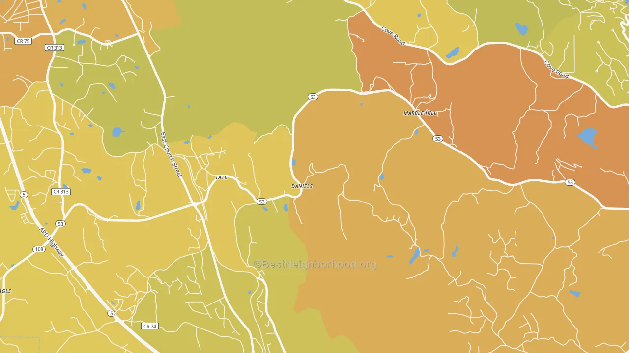 Map of the best neighborhoods in the Tate area, with better matches in green and worse matches in red