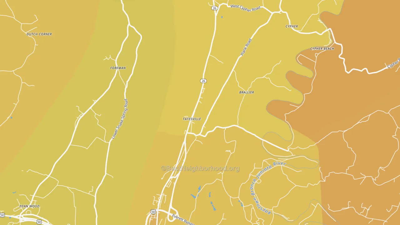 Map of the best neighborhoods in the Tatesville area, with better matches in green and worse matches in red