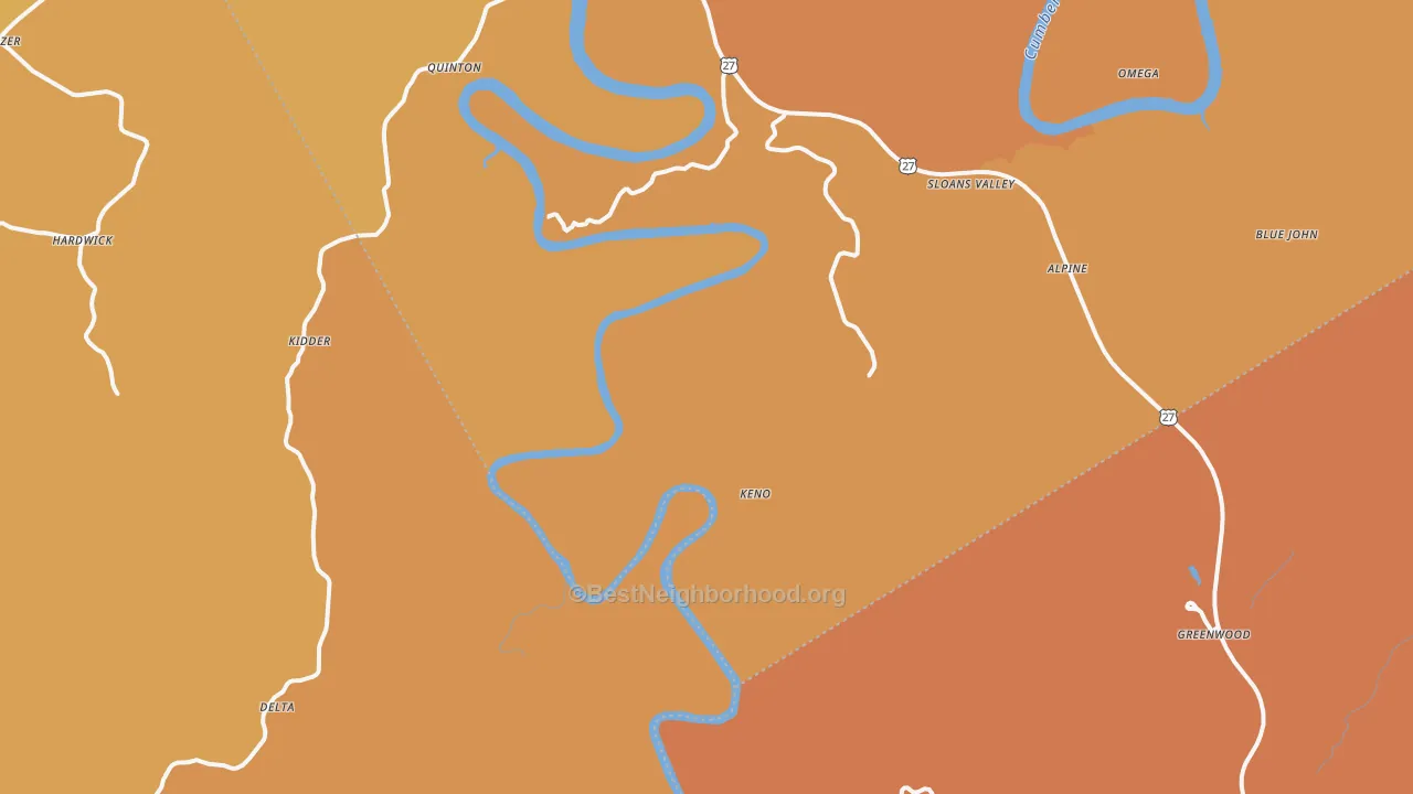 Map of the best neighborhoods in the Tateville area, with better matches in green and worse matches in red