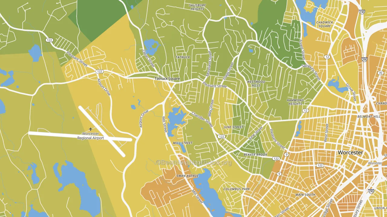 Map of the best neighborhoods in the Tatnuck, Worcester area, with better matches in green and worse matches in red