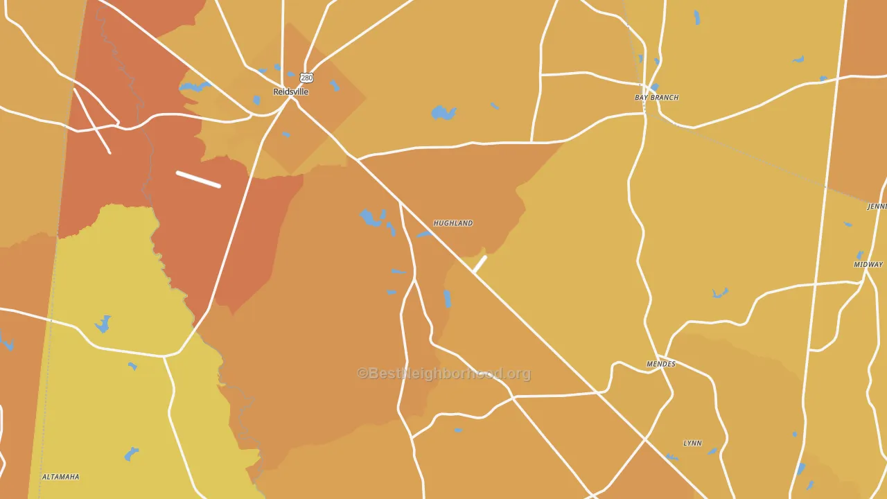 Map of the best neighborhoods in the Tattnall County area, with better matches in green and worse matches in red