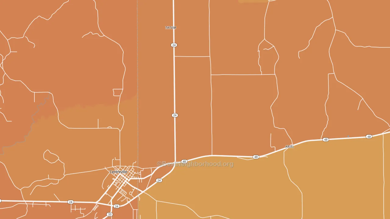 Map of the best neighborhoods in the Tatum area, with better matches in green and worse matches in red