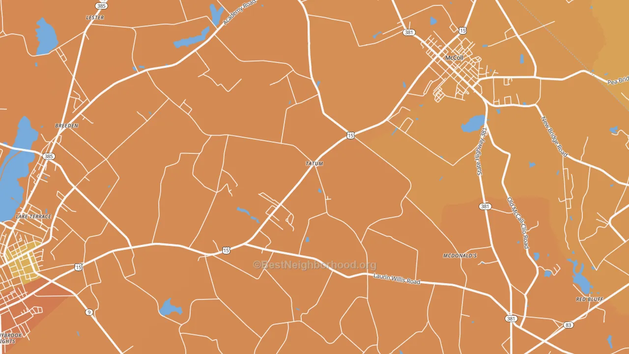 Map of the best neighborhoods in the Tatum area, with better matches in green and worse matches in red