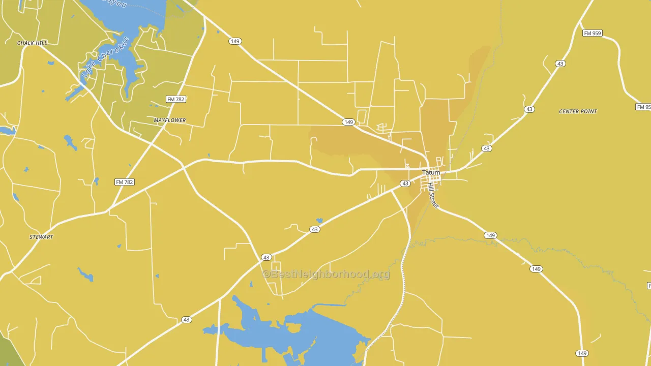 Map of the best neighborhoods in the Tatum area, with better matches in green and worse matches in red