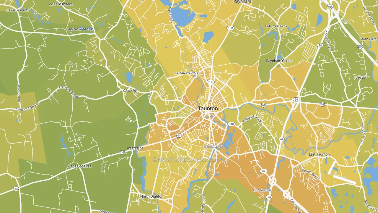 Map of the best neighborhoods in the Taunton area, with better matches in green and worse matches in red