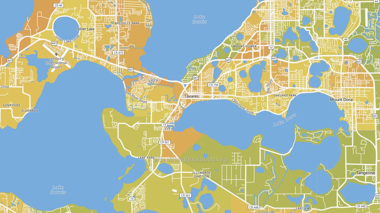 Map of the best neighborhoods in the Tavares area, with better matches in green and worse matches in red