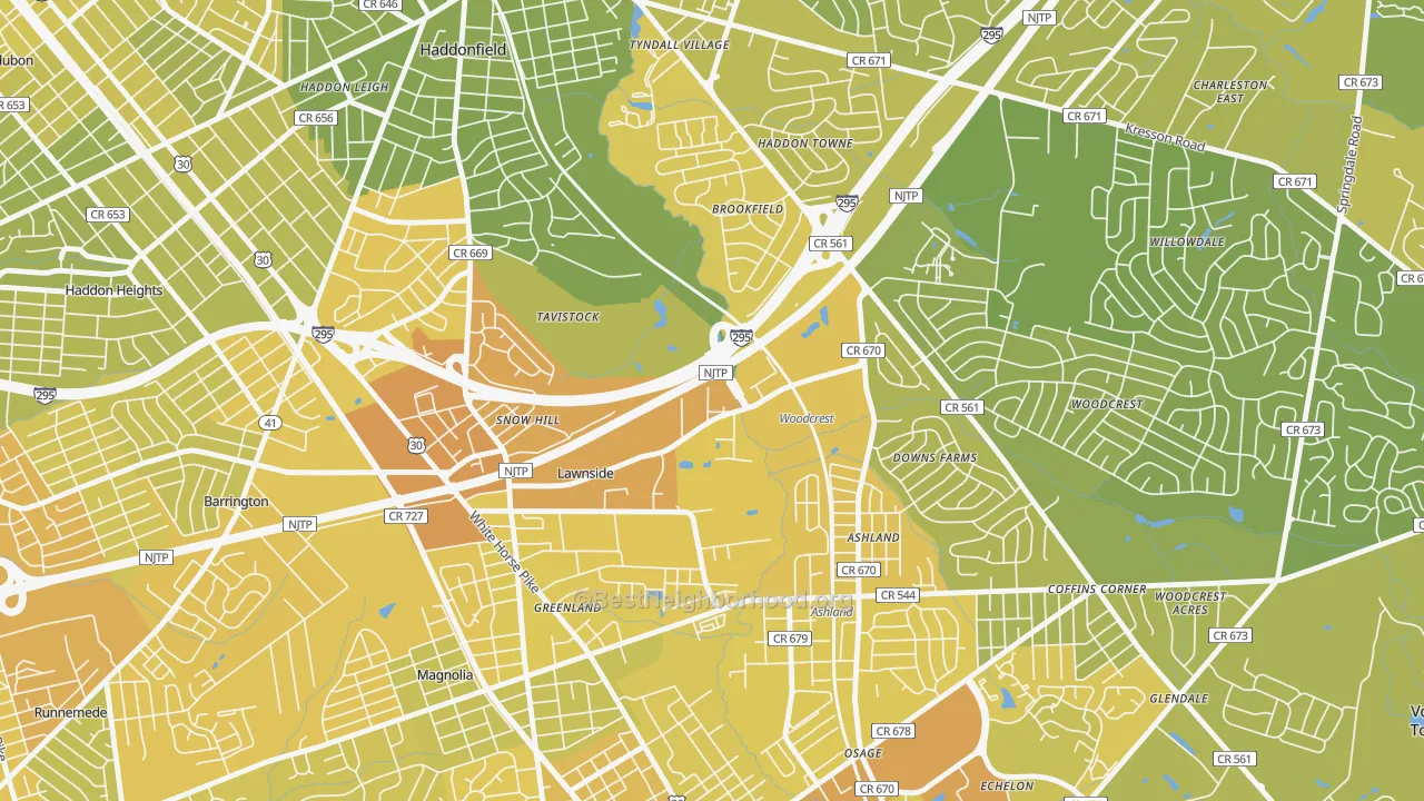 Map of the best neighborhoods in the Tavistock area, with better matches in green and worse matches in red