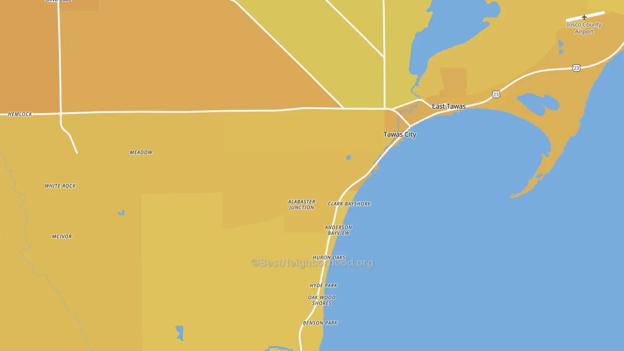 Map of the best neighborhoods in the Tawas City area, with better matches in green and worse matches in red