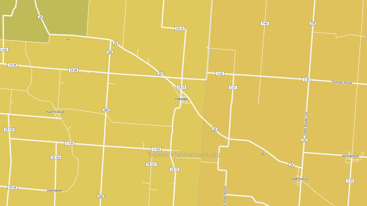 Map of the best neighborhoods in the Tawawa area, with better matches in green and worse matches in red