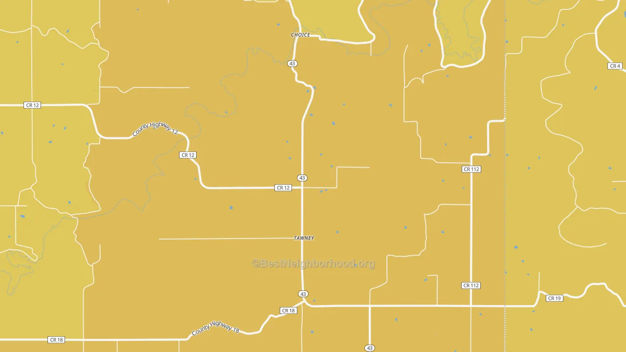 Map of the best neighborhoods in the Tawney area, with better matches in green and worse matches in red
