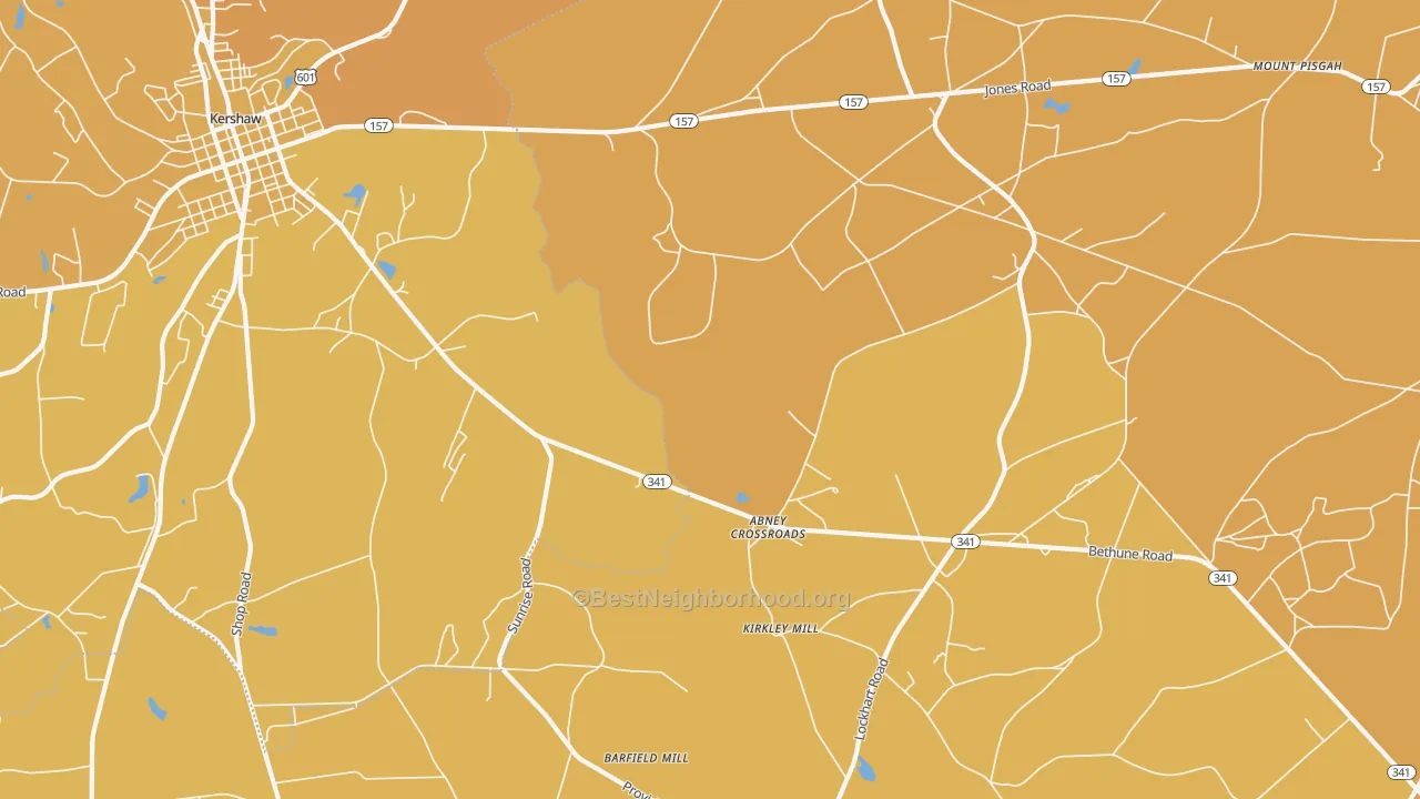 Map of the best neighborhoods in the Taxahaw area, with better matches in green and worse matches in red