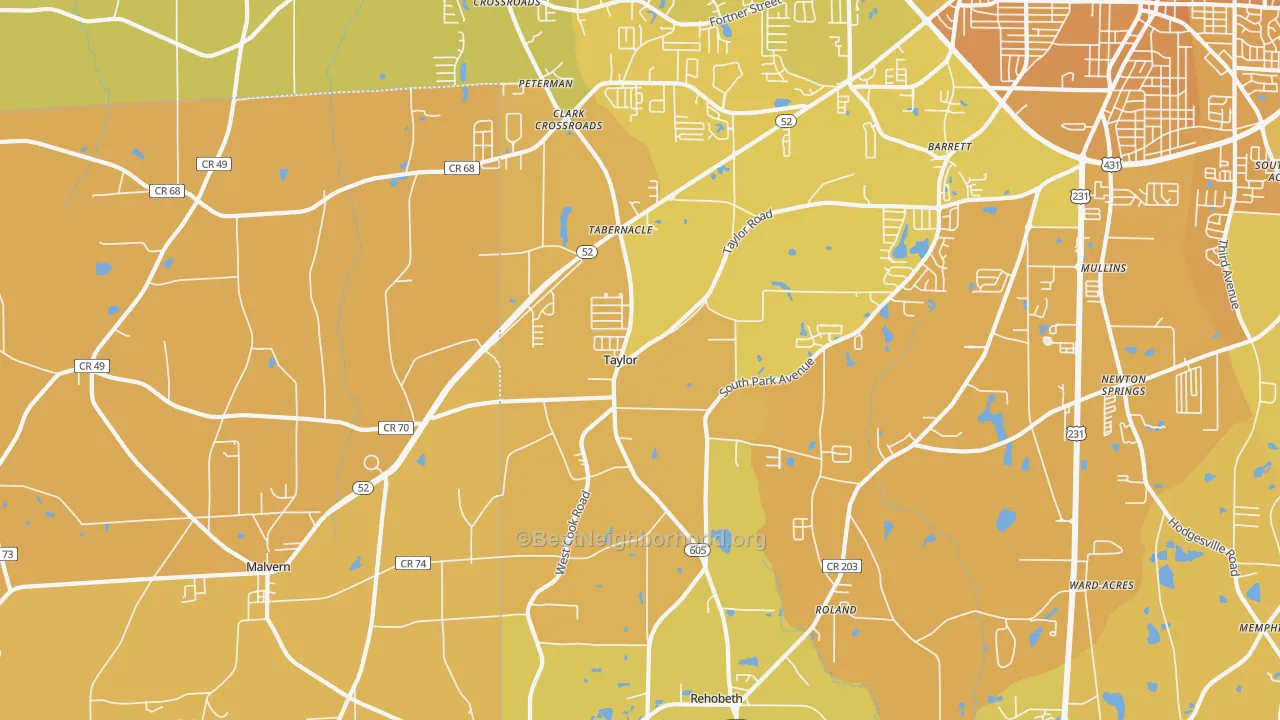 Map of the best neighborhoods in the Taylor area, with better matches in green and worse matches in red
