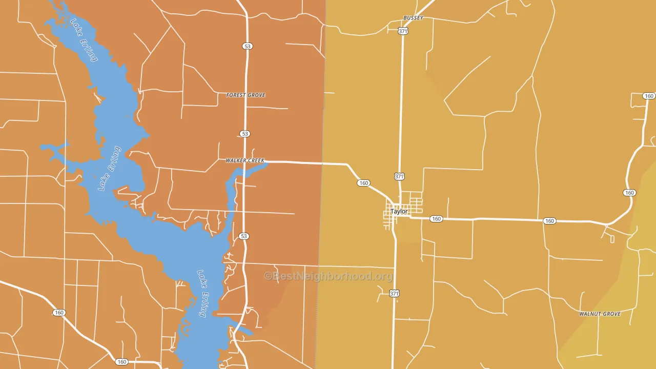 Map of the best neighborhoods in the Taylor area, with better matches in green and worse matches in red