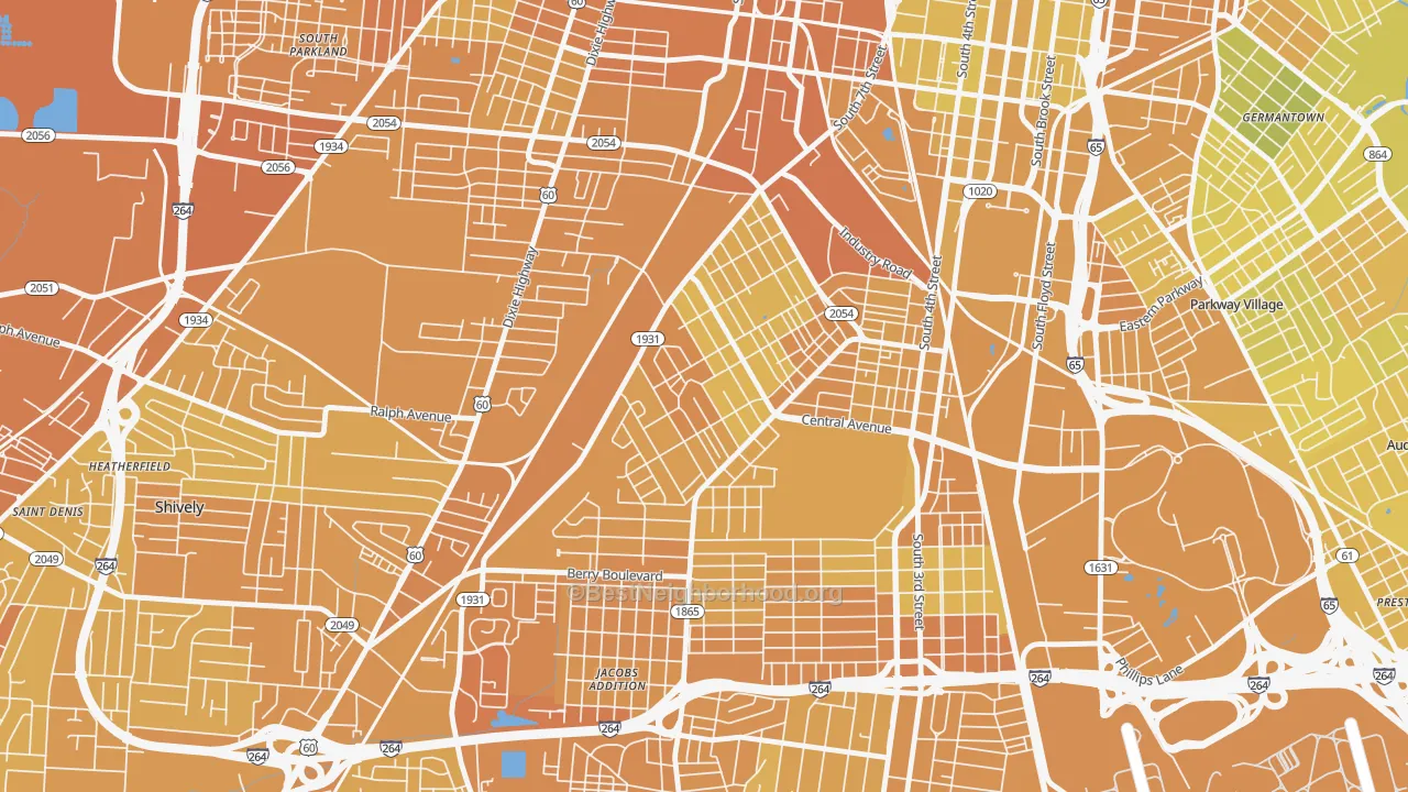 Map of the best neighborhoods in the Taylor Berry, Louisville area, with better matches in green and worse matches in red