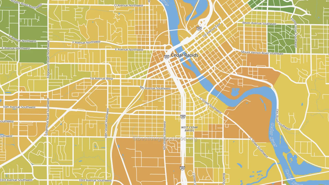 Map of the best neighborhoods in the Taylor, Cedar Rapids area, with better matches in green and worse matches in red