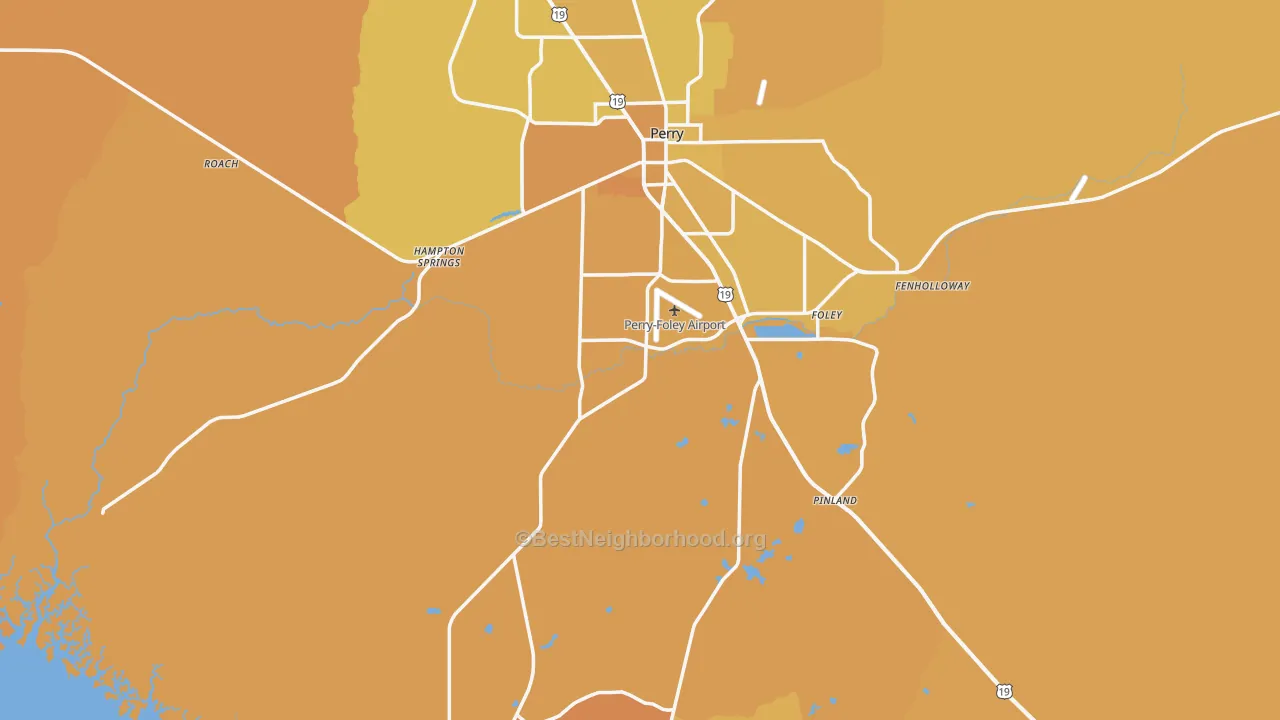 Map of the best neighborhoods in the Taylor County area, with better matches in green and worse matches in red