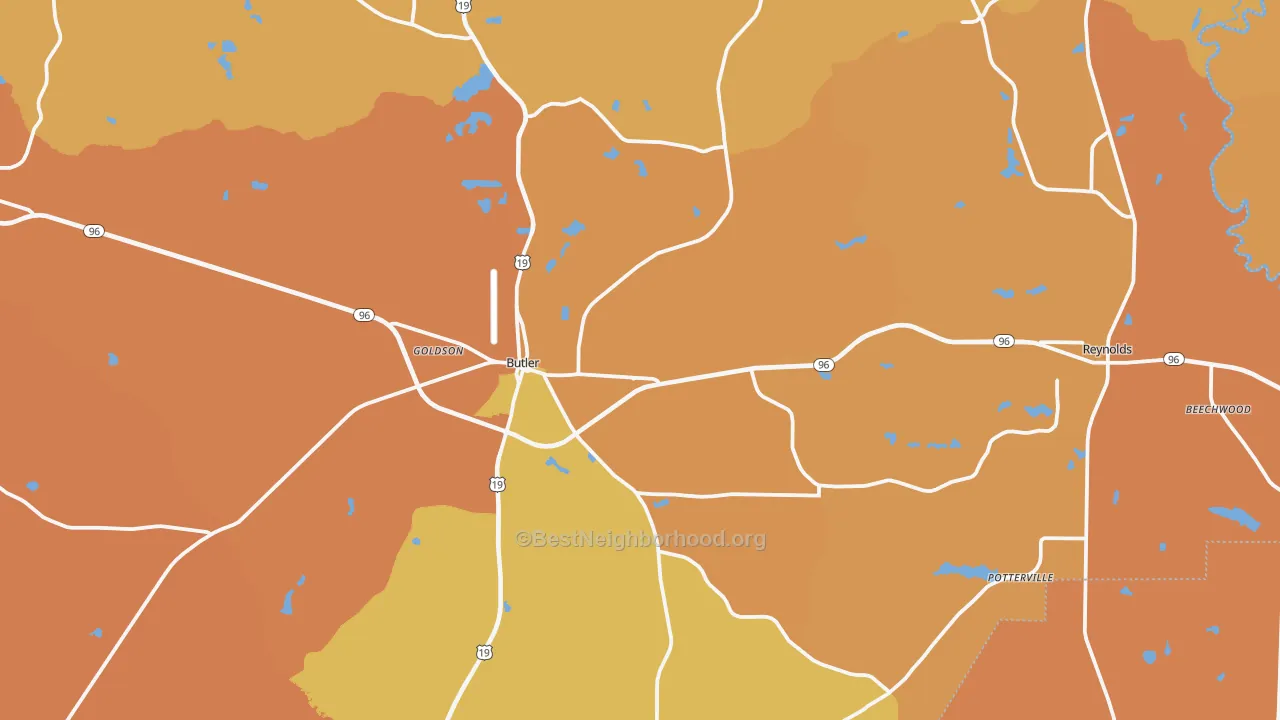 Map of the best neighborhoods in the Taylor County area, with better matches in green and worse matches in red