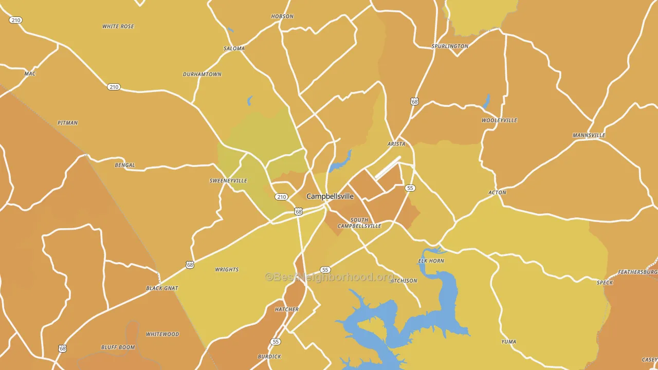 Map of the best neighborhoods in the Taylor County area, with better matches in green and worse matches in red