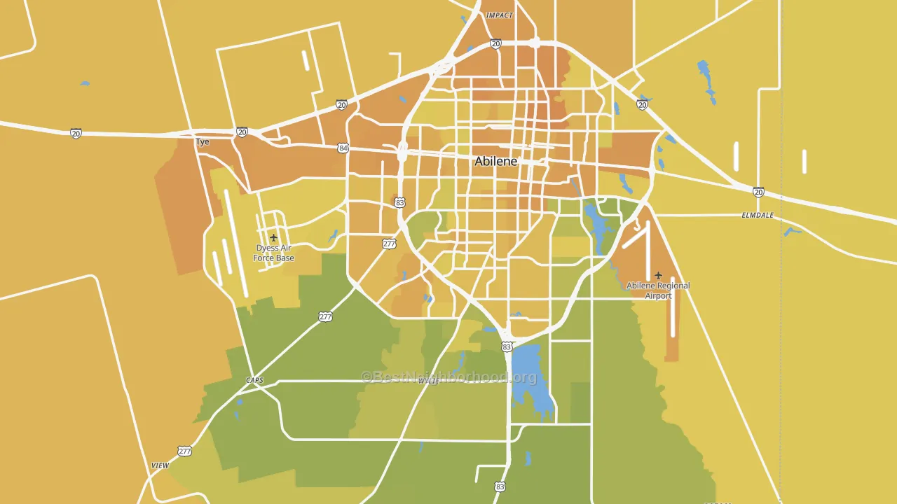 Map of the best neighborhoods in the Taylor County area, with better matches in green and worse matches in red