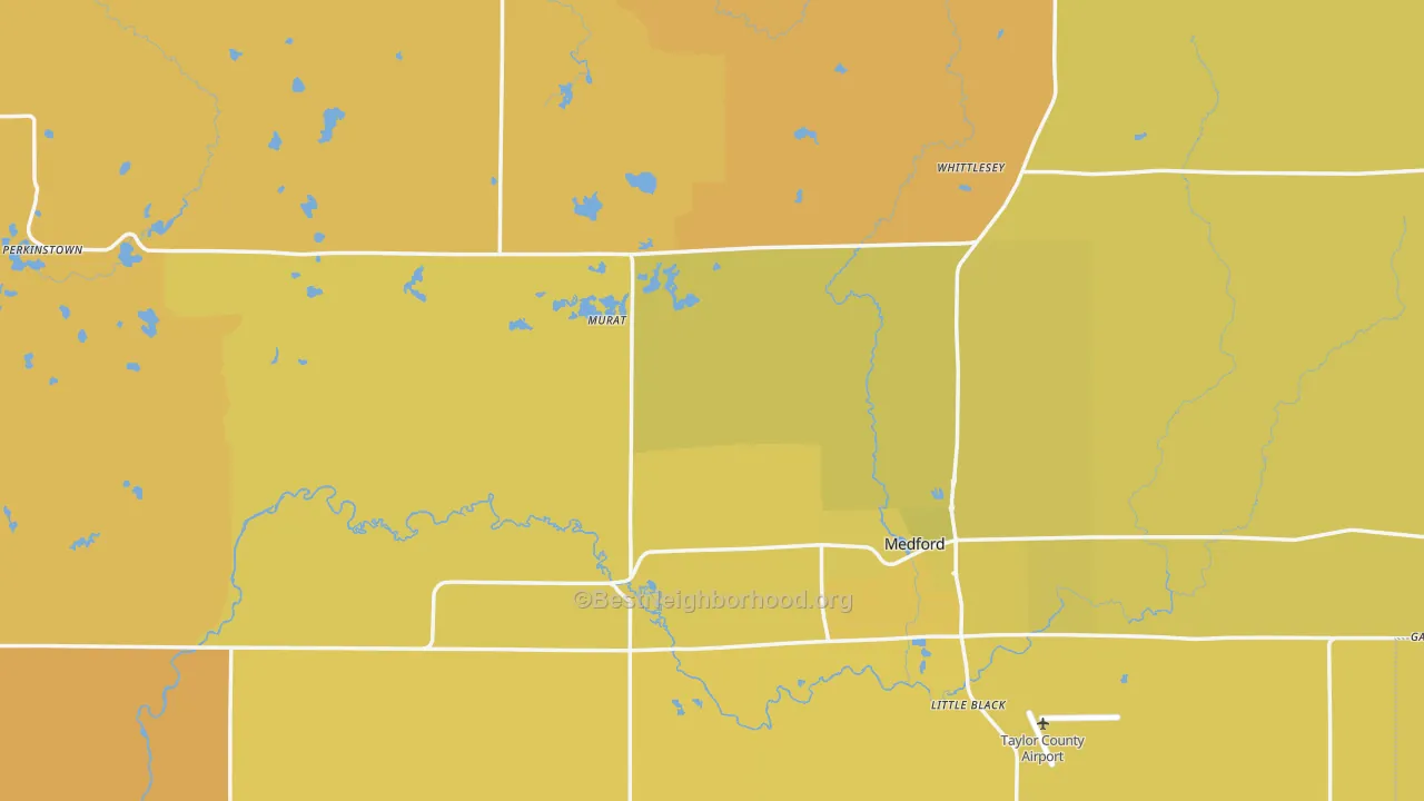 Map of the best neighborhoods in the Taylor County area, with better matches in green and worse matches in red