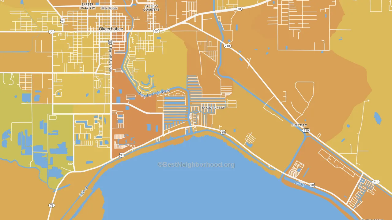 Map of the best neighborhoods in the Taylor Creek area, with better matches in green and worse matches in red