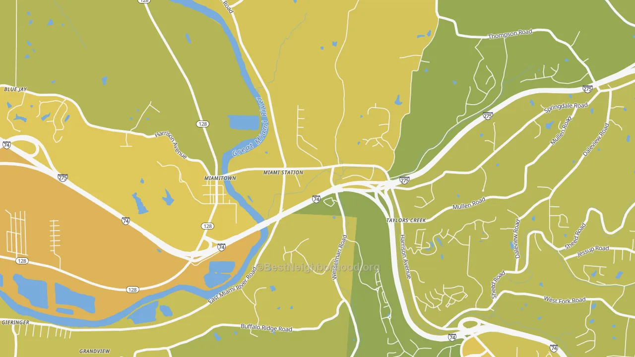 Map of the best neighborhoods in the Taylor Creek area, with better matches in green and worse matches in red