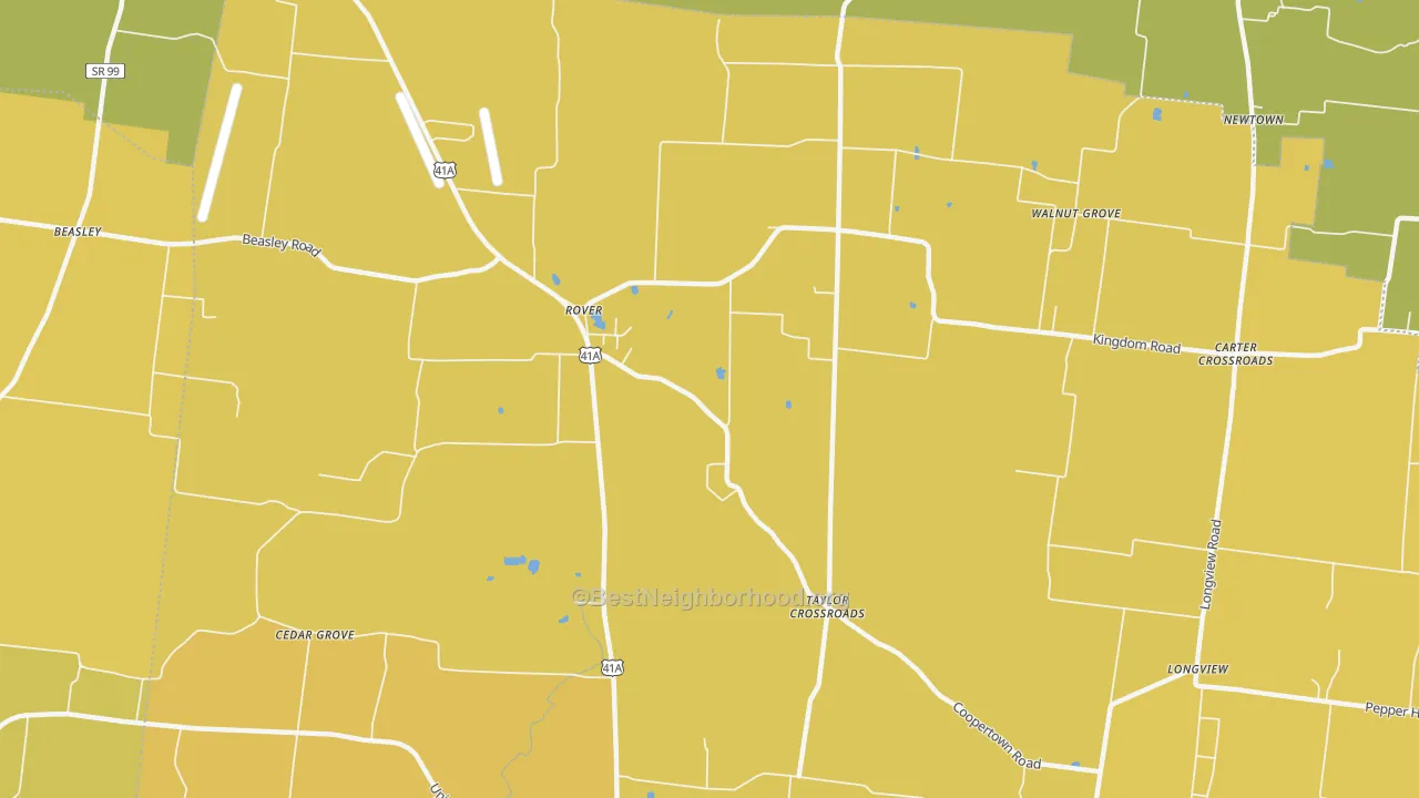 Map of the best neighborhoods in the Taylor Crossroads area, with better matches in green and worse matches in red