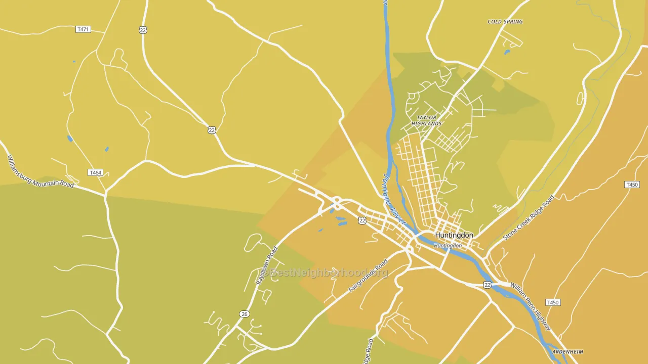 Map of the best neighborhoods in the Taylor Highlands area, with better matches in green and worse matches in red