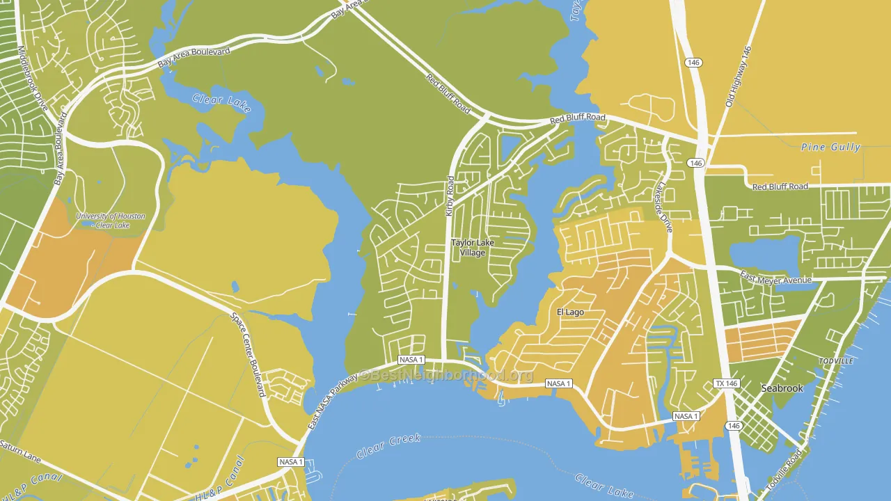 Map of the best neighborhoods in the Taylor Lake Village area, with better matches in green and worse matches in red