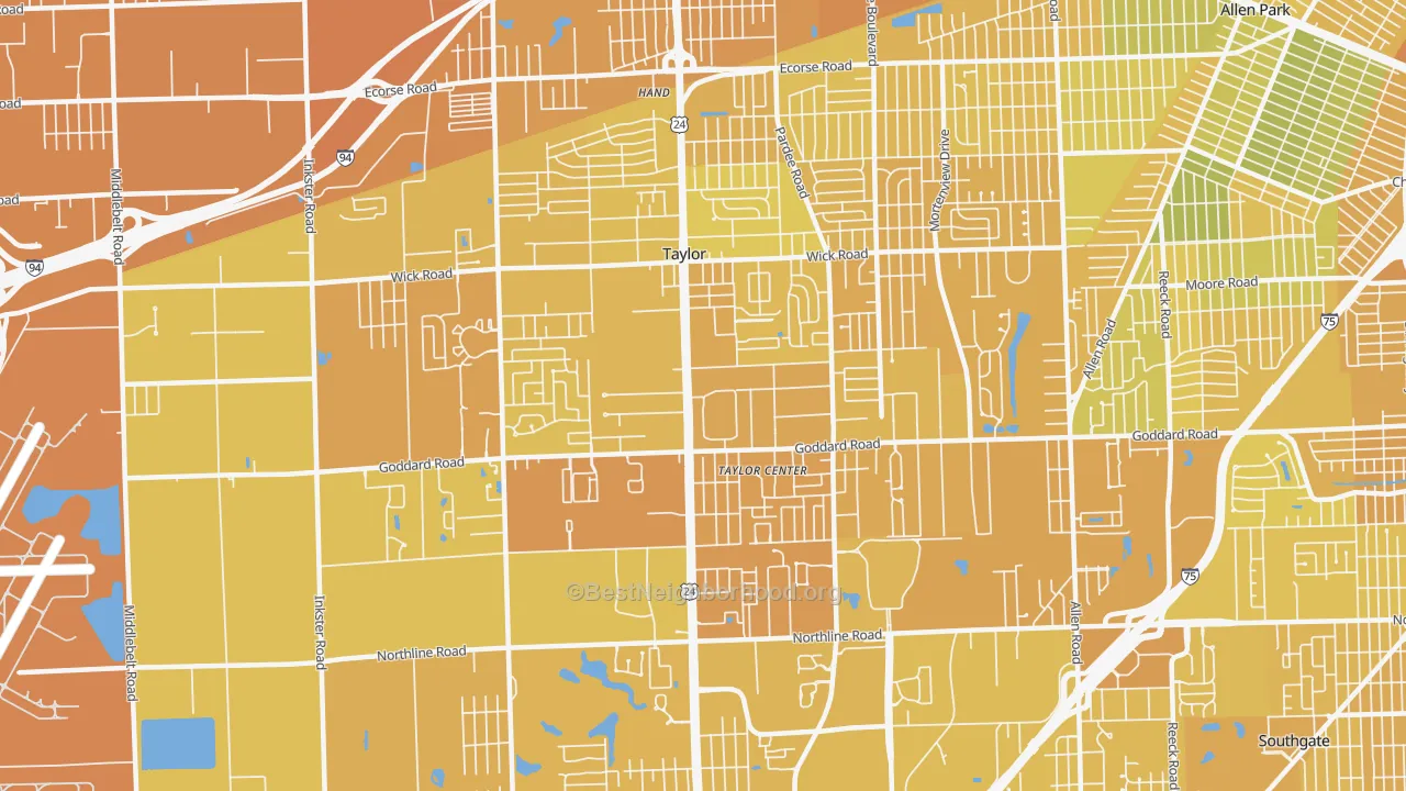 Map of the best neighborhoods in the Taylor area, with better matches in green and worse matches in red