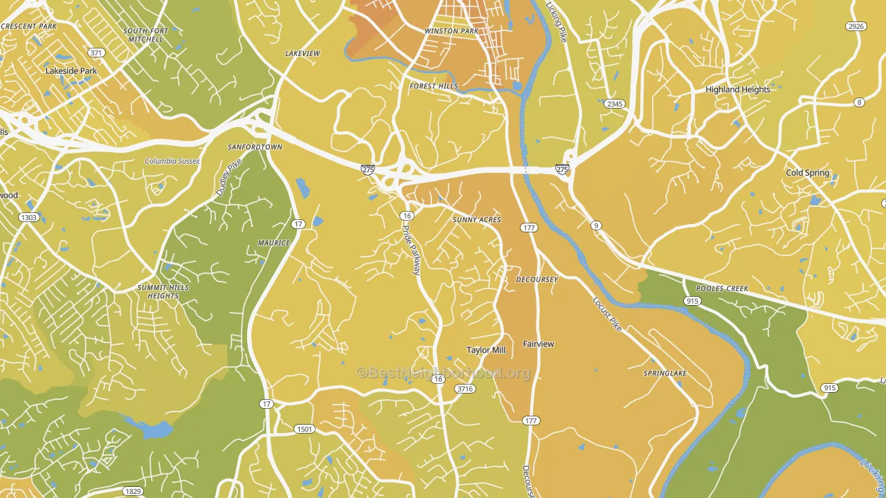 Map of the best neighborhoods in the Taylor Mill area, with better matches in green and worse matches in red