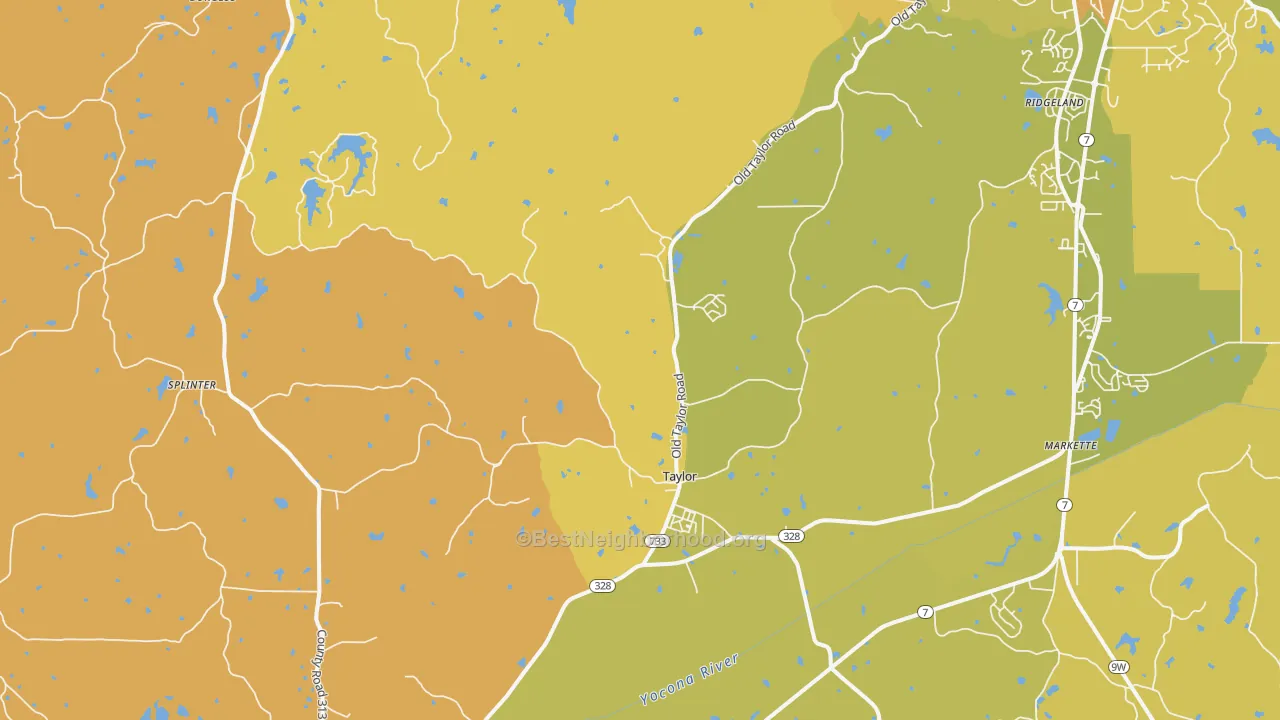 Map of the best neighborhoods in the Taylor area, with better matches in green and worse matches in red
