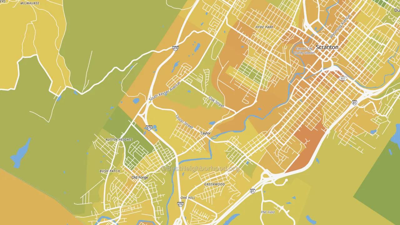 Map of the best neighborhoods in the Taylor area, with better matches in green and worse matches in red