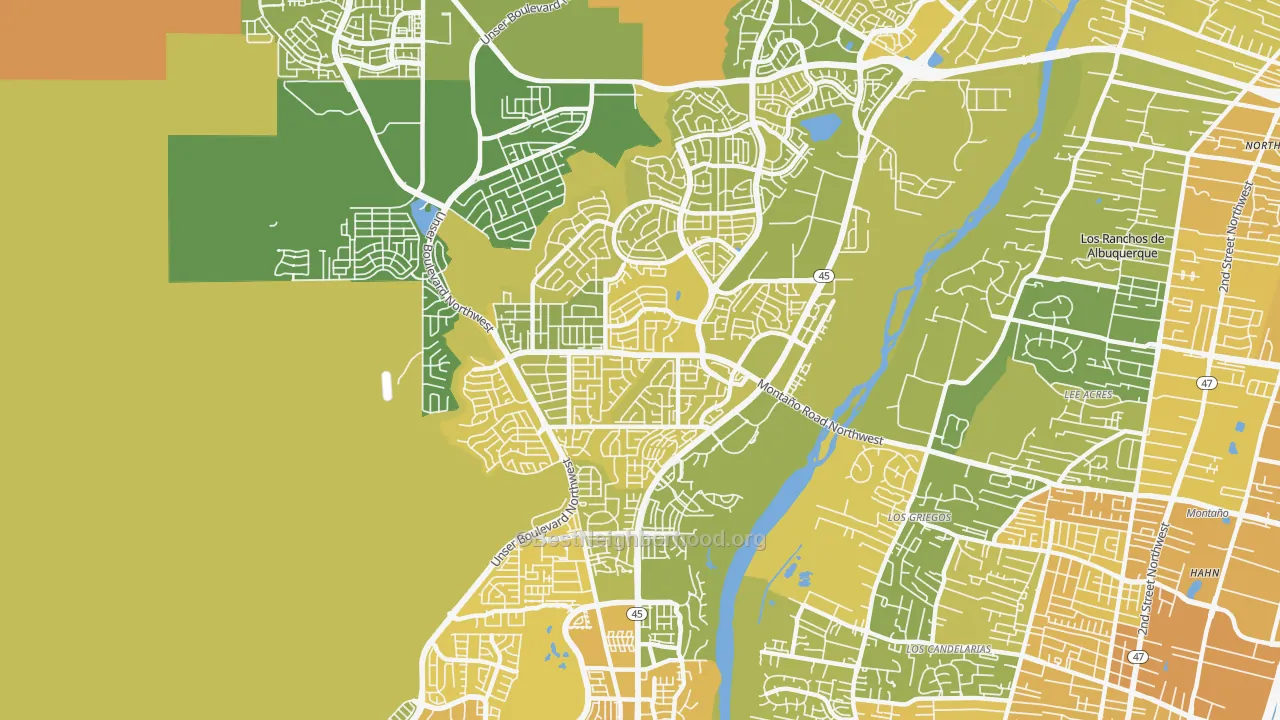Map of the best neighborhoods in the Taylor Ranch, Albuquerque area, with better matches in green and worse matches in red