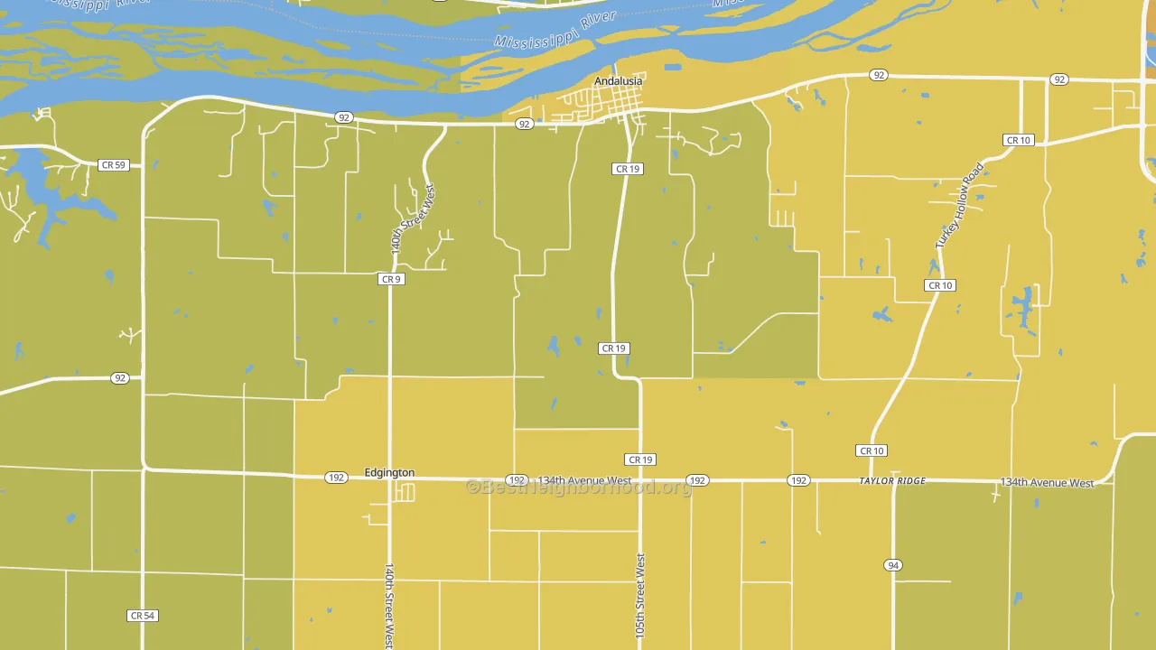 Map of the best neighborhoods in the Taylor Ridge area, with better matches in green and worse matches in red