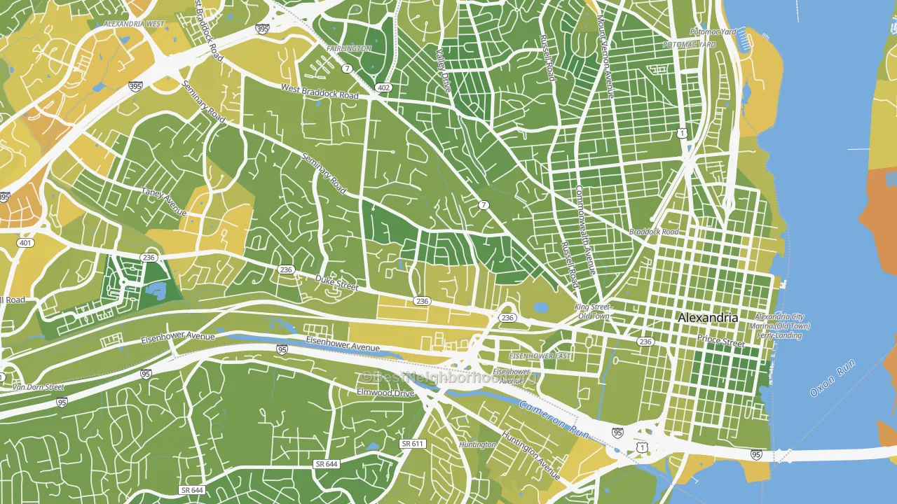 Map of the best neighborhoods in the Taylor Run, Alexandria area, with better matches in green and worse matches in red