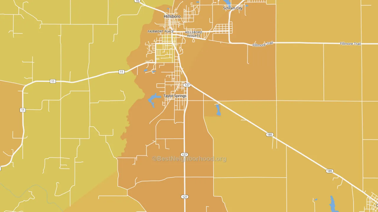 Map of the best neighborhoods in the Taylor Springs area, with better matches in green and worse matches in red