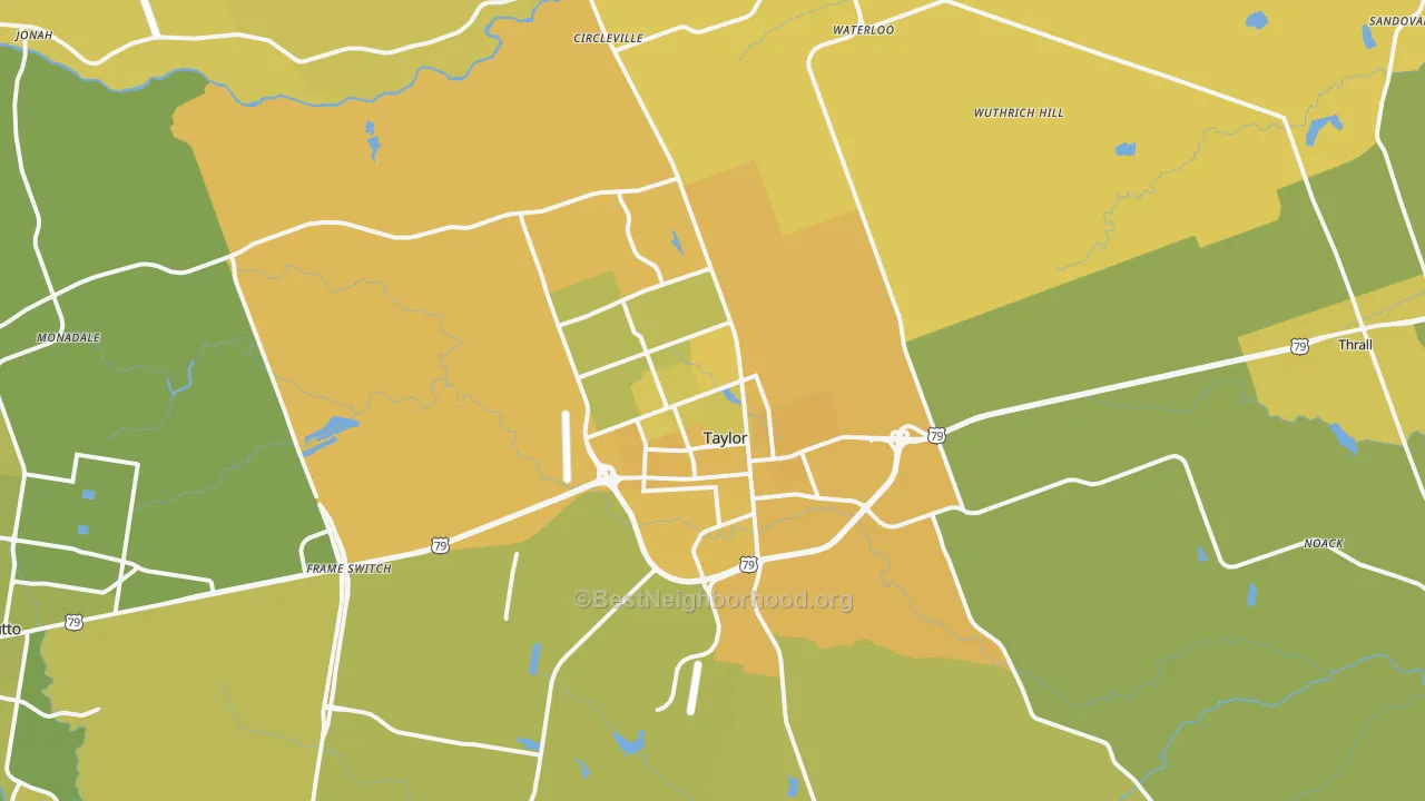 Map of the best neighborhoods in the Taylor area, with better matches in green and worse matches in red