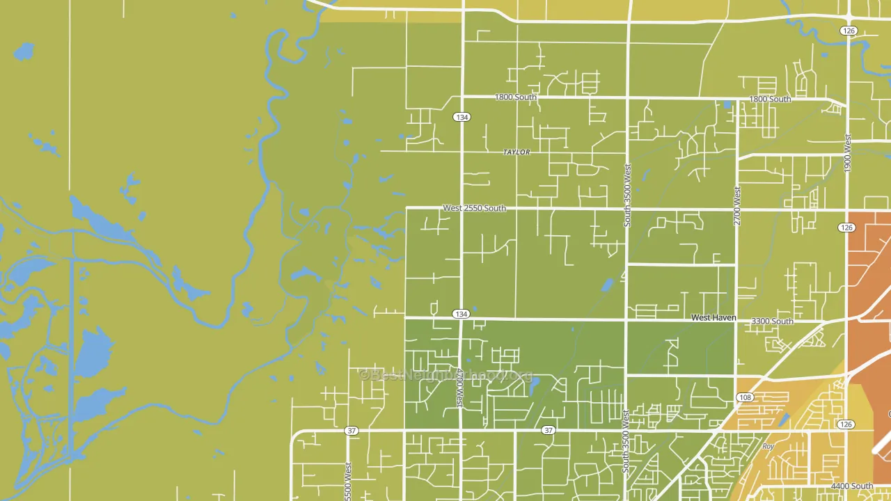 Map of the best neighborhoods in the Taylor area, with better matches in green and worse matches in red