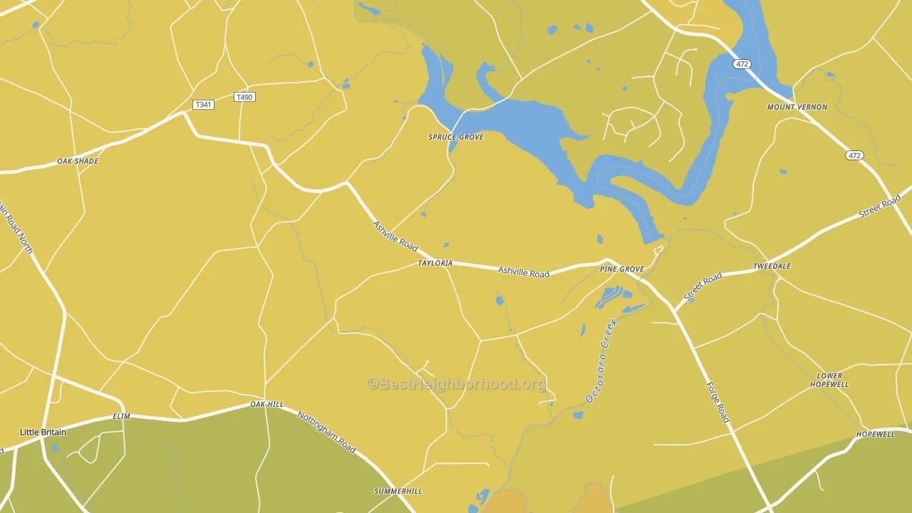Map of the best neighborhoods in the Tayloria area, with better matches in green and worse matches in red