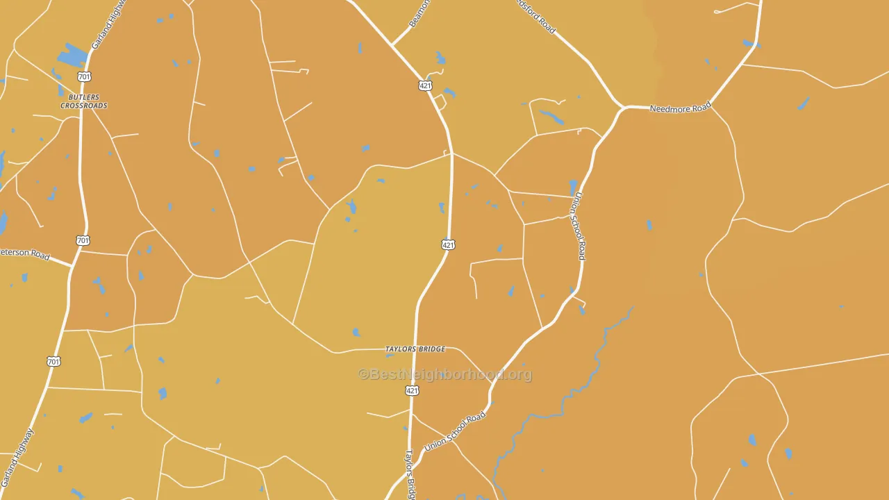 Map of the best neighborhoods in the Taylors Bridge area, with better matches in green and worse matches in red