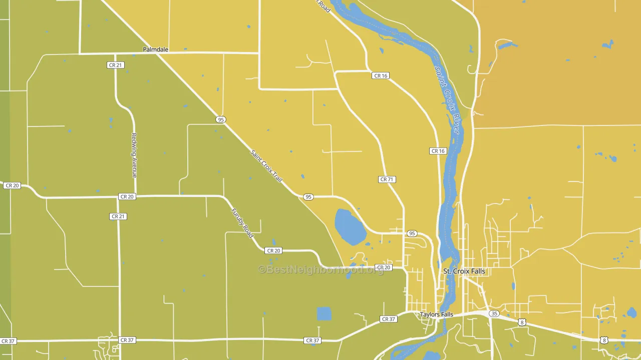 Map of the best neighborhoods in the Taylors Falls area, with better matches in green and worse matches in red