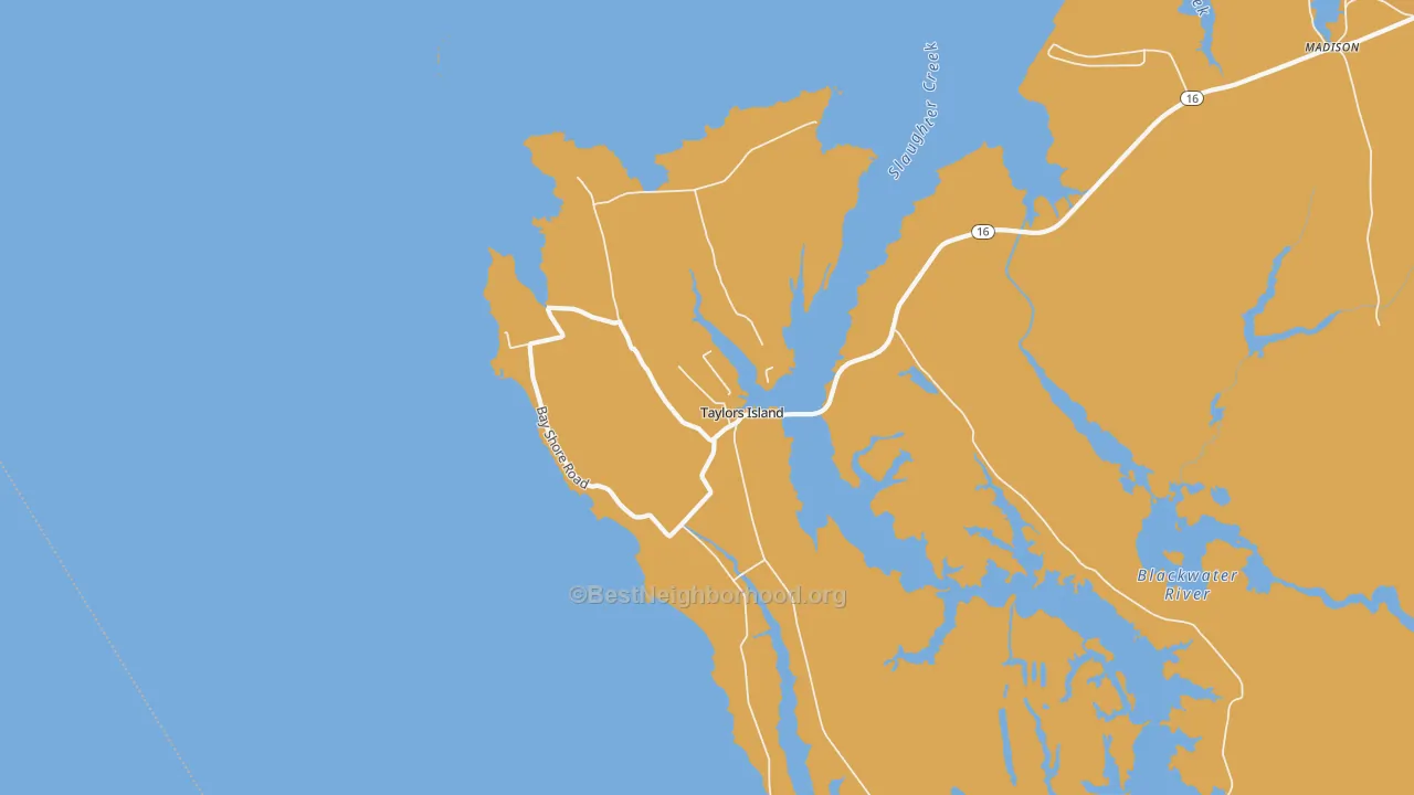 Map of the best neighborhoods in the Taylors Island area, with better matches in green and worse matches in red