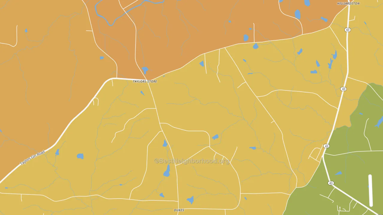 Map of the best neighborhoods in the Taylors Store area, with better matches in green and worse matches in red