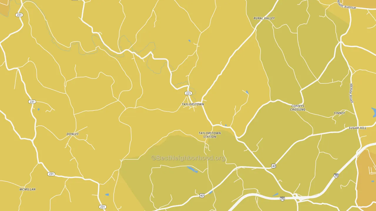 Map of the best neighborhoods in the Taylorstown area, with better matches in green and worse matches in red
