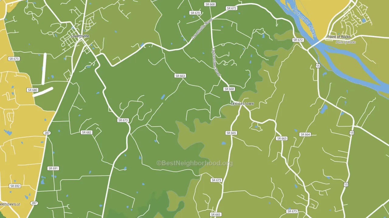 Map of the best neighborhoods in the Taylorstown area, with better matches in green and worse matches in red