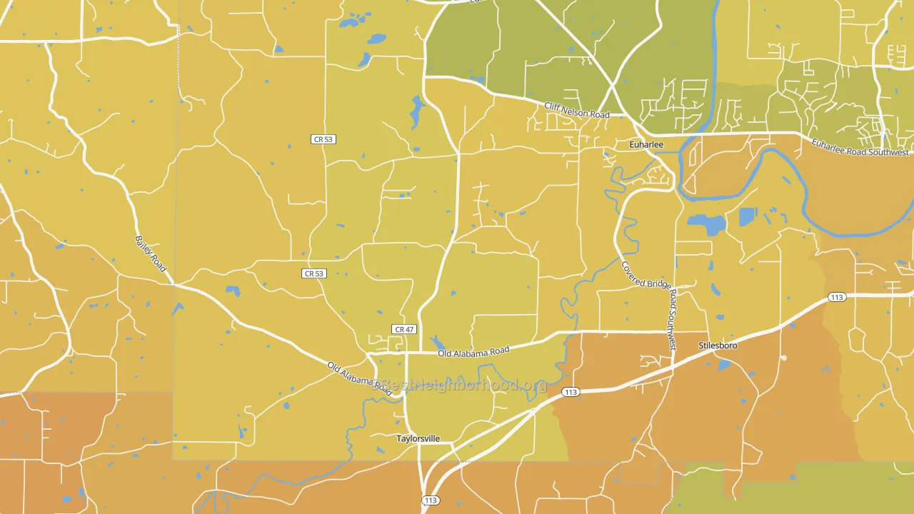 Map of the best neighborhoods in the Taylorsville area, with better matches in green and worse matches in red