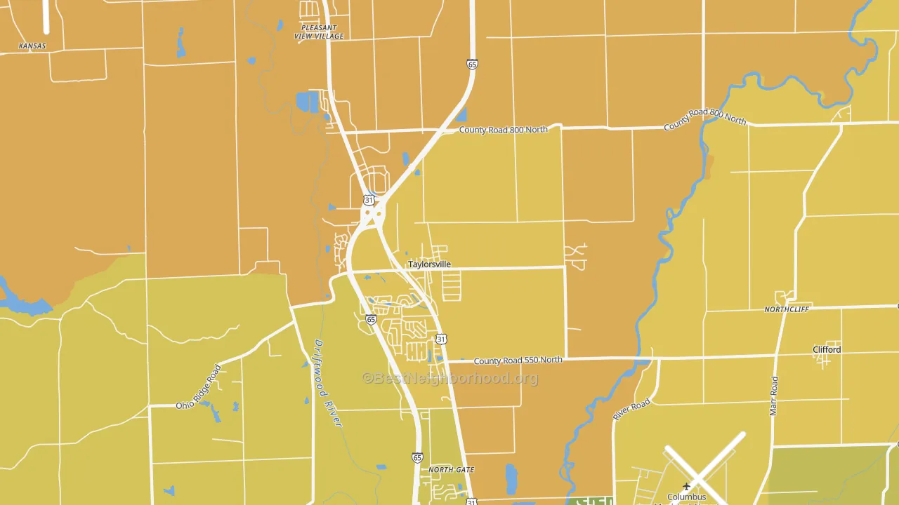 Map of the best neighborhoods in the Taylorsville area, with better matches in green and worse matches in red
